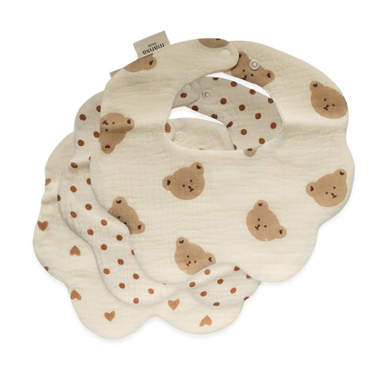 Pack of 3 Organic Cotton Baby Bibs – Bear, Hearts & Dots